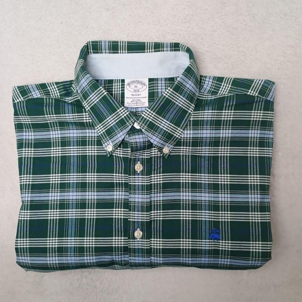 Brooks Brothers Shirt Mens XL Green Plaid Long Sleeve Button-Up Regent Non-Iron